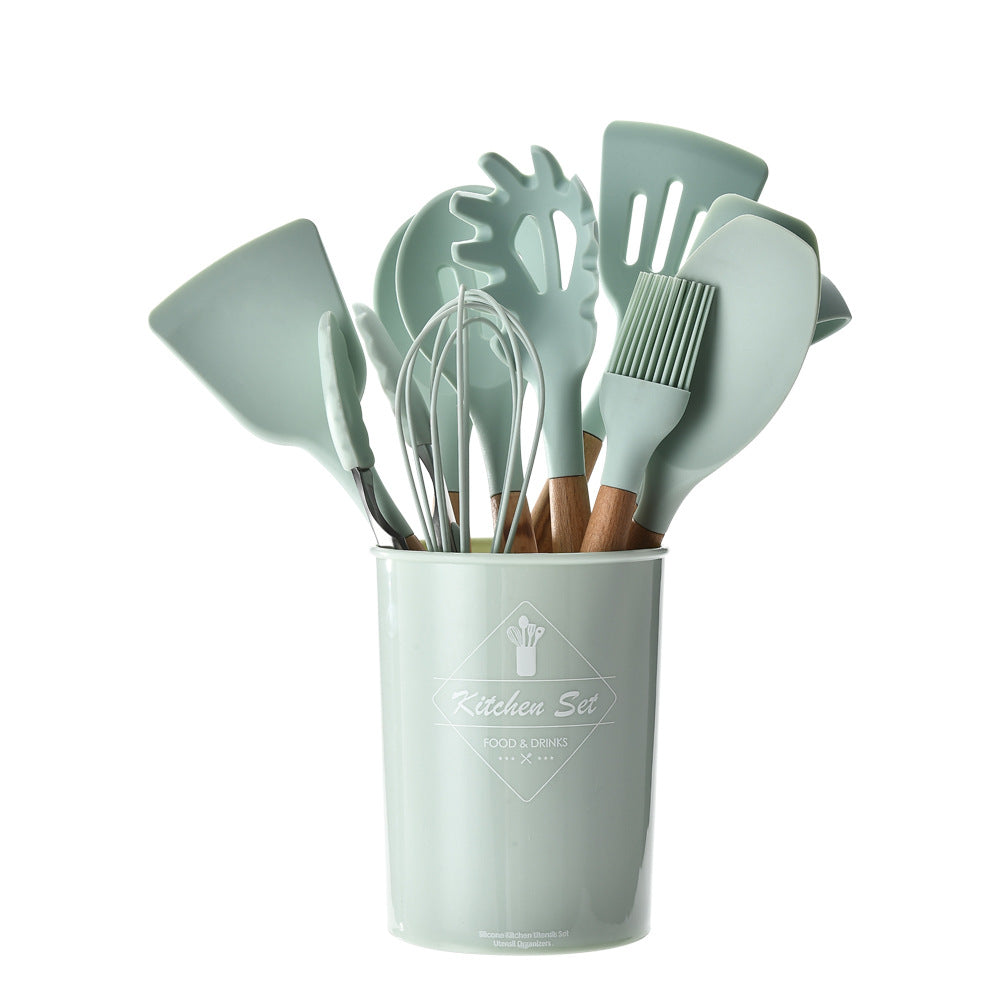 Storage bucket fresh green wooden handle silicone kitchen utensils set of 11 non-stick spatula kitchen set eleven sets