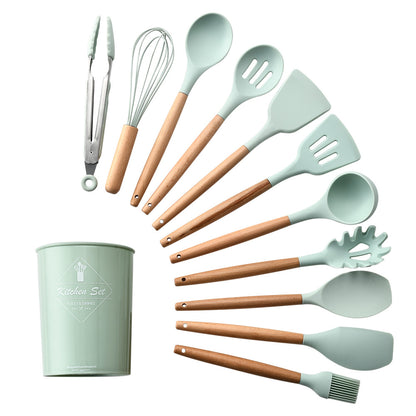 Storage bucket fresh green wooden handle silicone kitchen utensils set of 11 non-stick spatula kitchen set eleven sets